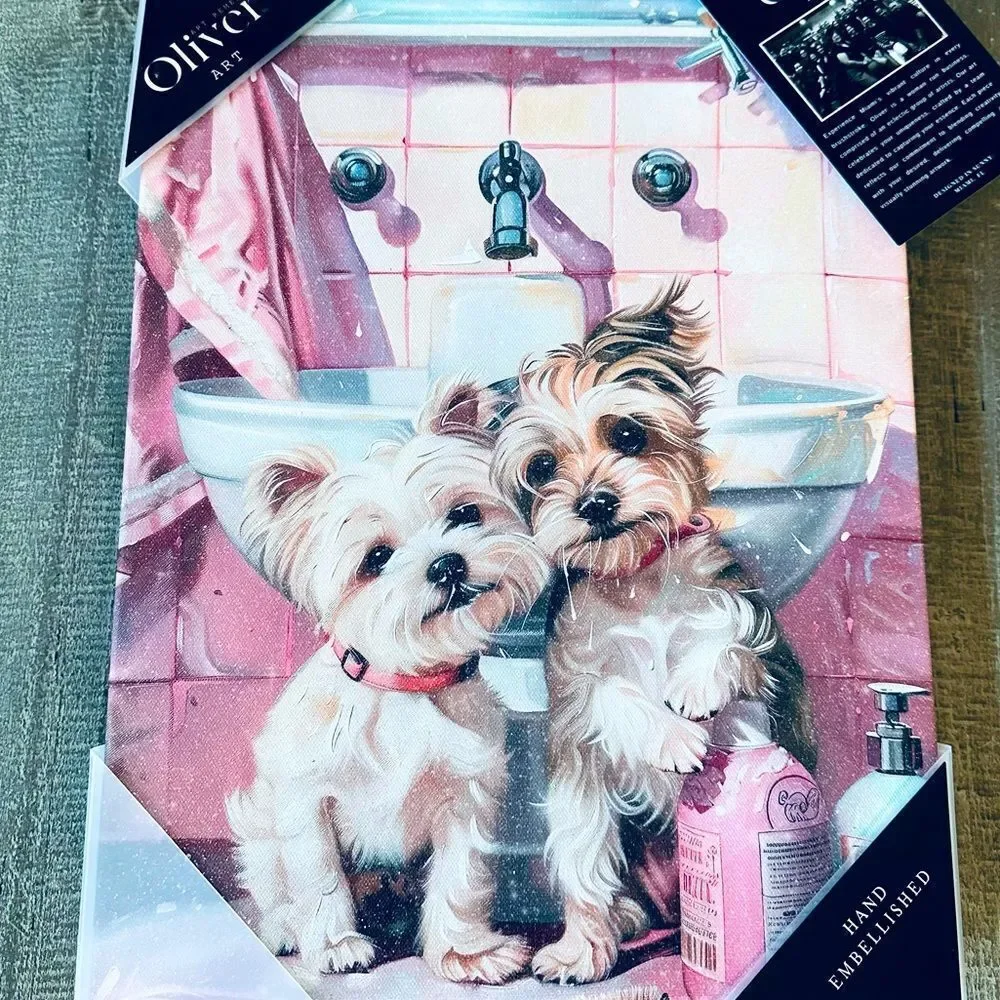 Pink Spa Dogs Bathroom Dog Portrait Canvas Wall Art Decor